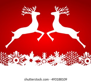 Two reindeer jump to each other on a red background with snowflakes, vector illustration