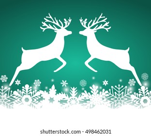 Two reindeer jump to each other on a background with snowflakes, vector illustration