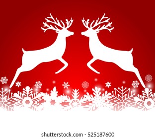 Two reindeer jump to each other on a red background with snowfla