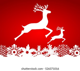 Two reindeer jump to each other on a red background with snowfla