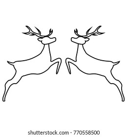 Two reindeer jumping together on a white background