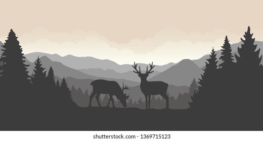 dos renos en las montañas con la ilustración del vector del paisaje forestal EPS10