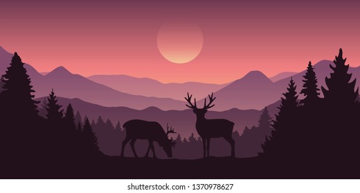 two reindeer in the mountains with forest landscape vector illustration EPS10