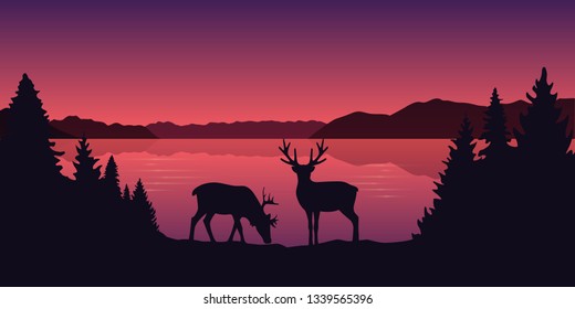 two reindeers by the lake beautiful red landscape vector illustration EPS10