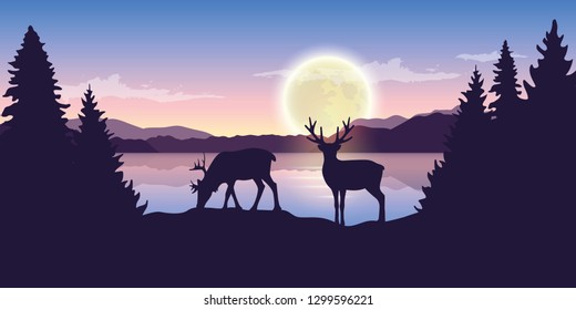 two reindeers by the lake at night with full moon purple nature landscape vector illustration EPS10