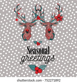 Two reindeers with christmas decoration on their antlers. Seasonal greeting with mistletoe. Vector illustration on  light grey background with snowflakes.