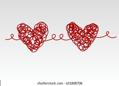 Two related scrawled hand drawn red heart. Vector illustration.
