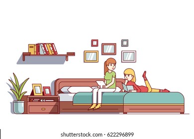 Two relaxed woman sitting, laying on bedroom double bed with tablet & book, reading, talking. Sisters sharing room living together. Flat style cartoon vector illustration isolated on white background.