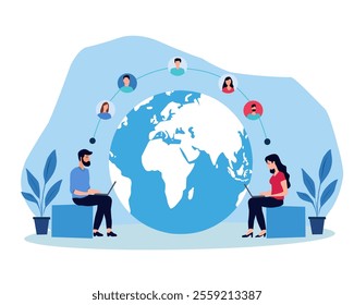 Two remote workers sitting with laptops, connected globally through a digital network around a world map. Concept of remote work, online collaboration, freelancing, global communication.