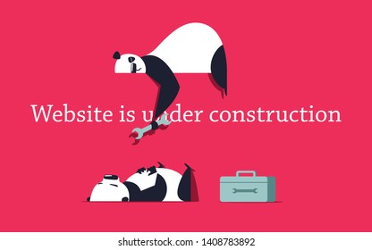 Two repairer pandas sleeping instead of fixing the problem. Funny Website is under construction design template.