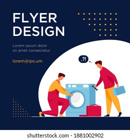 Two repairmen fixing washing machine. Handymen, mentor and intern with tools flat vector illustration. Home appliance repair service concept for banner, website design or landing web page