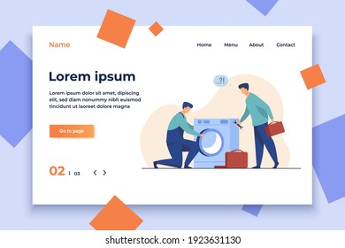 Dos reparadores arreglando lavadora. Hombres de mano, mentor y pasante con herramientas de ilustración vectorial plana. Concepto de servicio de reparación de electrodomésticos para banners, diseños de sitios web o páginas web de aterrizaje