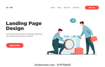 Two repairmen fixing washing machine. Handymen, mentor and intern with tools flat vector illustration. Home appliance repair service concept for banner, website design or landing web page