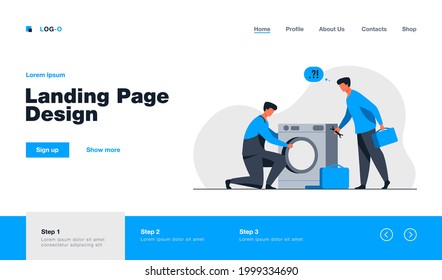 Two repairmen fixing washing machine. Handymen, mentor and intern with tools flat vector illustration. Home appliance repair service concept for banner, website design or landing web page