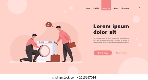 Dos reparadores arreglando lavadora. Hombres de mano, mentor y pasante con herramientas de ilustración vectorial plana. Concepto de servicio de reparación de electrodomésticos para banners, diseños de sitios web o páginas web de aterrizaje