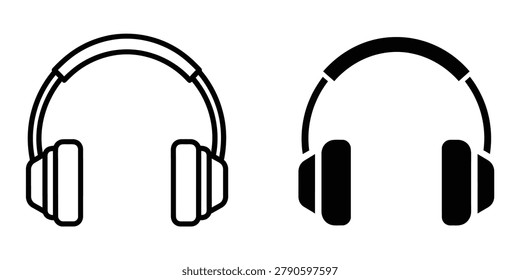 Two representations of headphones one outlined and one solid black against a blank backdrop. Ideal for music sound or communication themes.