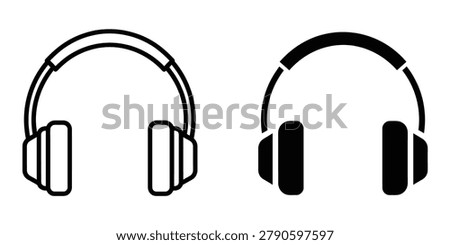 Two representations of headphones one outlined and one solid black against a blank backdrop. Ideal for music sound or communication themes.
