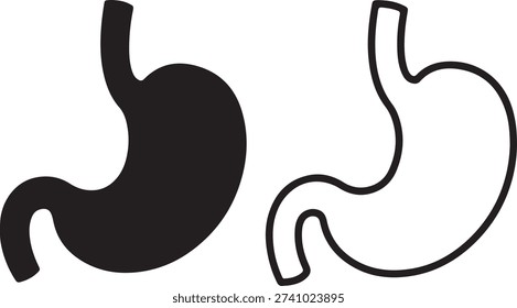Two representations of the human stomach: a solid black silhouette and a clear line art version, ideal for anatomical diagrams.