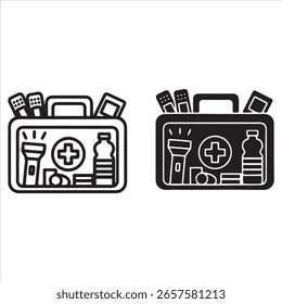 Two representations of a medical emergency kit with essential supplies for survival.