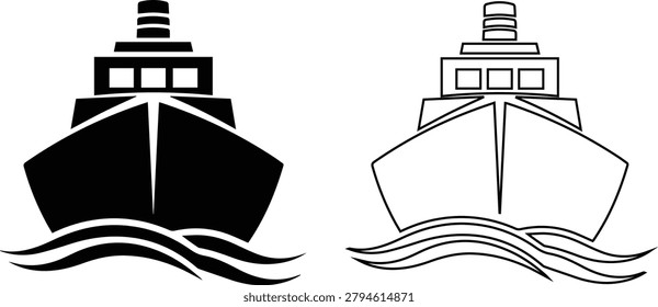 Two representations of a ship's bow on wavy water, one solid black, one outlined.