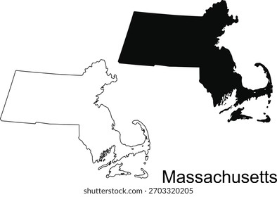 Two representations of the state of Massachusetts, one as a filled silhouette and the other as an outline, set against a black background.