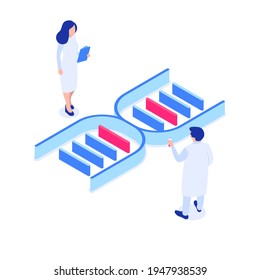 Two researchers are studying the structure of DNA. Laboratory research, genetics, heredity concept. Man and woman in lab coats and 3D DNA icon. Vector illustration in modern isometric style.
