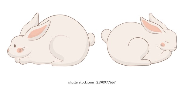 Two resting bunny icon. One rabbit is curled up sleeping, while the other lies down with open eyes. A minimalist animal illustration symbolizing tranquility and comfort