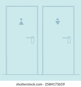 Two restroom doors with simple blue outlines on a light blue background. Male and female restroom symbols are visible