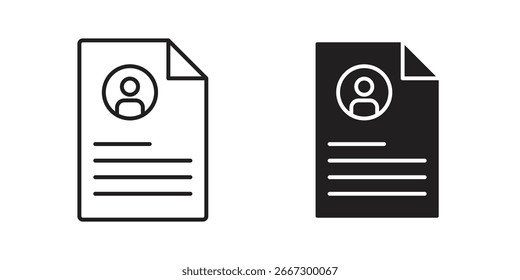 Dos iconos de reanudación, un estilo de línea y uno sólido, aislado en blanco. Perfecto para recursos humanos, aplicaciones de trabajo e ilustraciones de perfil.