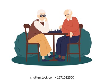 Two retired men sitting at table in the park and playing chess. Elderly friends enjoy strategy board game. Aged people recreation and hobby. Vector illustration in flat cartoon style isolated on white