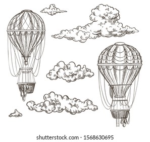 Two retro air balloons between clouds, sketch, hand drawn vector illustration