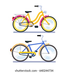 Two retro bicycles for woman with low frame and man with high. Flat style vector illustration isolated on white background.