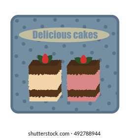 Two retro cakes with strawberries on a blue background.
