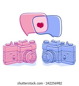 Two retro cameras in doodle style with bubbles and hearts. Vector