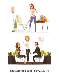 Two retro cartoon compositions with young woman busy cleaning your apartment and sitting in cafe with man vector illustration  