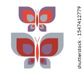 Two retro geometric butterfly vector illustration. Hand drawn garden insect in 60s flat color. Vintage orange and blue bug wildlife clipart. 