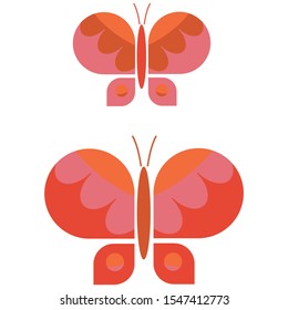 Two retro geometric butterfly vector illustration. Hand drawn garden insect in 60s flat color. Vintage orange and pink bug wildlife clipart. 