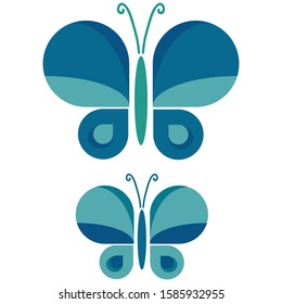 Two Retro Geometric Butterfly Vector Illustration. Hand Drawn 60's Style Garden Insect Simple Motif. Vintage Light Classic Blue Bug Wildlife Clip Art. EPS 10. 