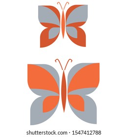 Two retro geometric obutterfly vector illustration. Hand drawn garden insect in 60s flat color. Vintage orange and blue bug wildlife clipart. 