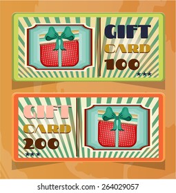 Two retro gift card with red gifts with blue bows