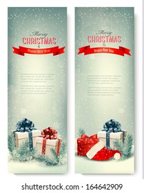Two retro holiday banners with gift boxes and ribbons. Vector 