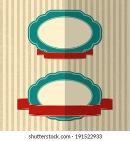 Two retro labels with red ribbons on the textured background