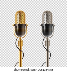 Two retro microphones  - golden and chromium, on a checkered background. Vector illustration.