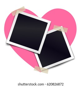Two retro photorealistic photo frame sticked on duct tape to heart background. Template for design. Vector illustration