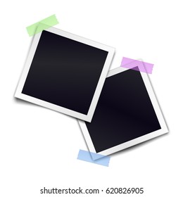 Two retro photorealistic photo frame sticked on duct tape to white background. Template for design. Vector illustration