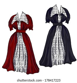 Two retro style dresses. Vector isolated illustration, clip art for cartoon.