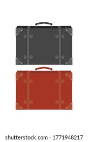 Dos maletas retro aisladas de fondo blanco. Maletas antiguas de color negro y marrón. Gran maletero o maleta hecha de cuero rígido y abierta en dos partes iguales. Ilustración vectorial. Concepto de viaje.