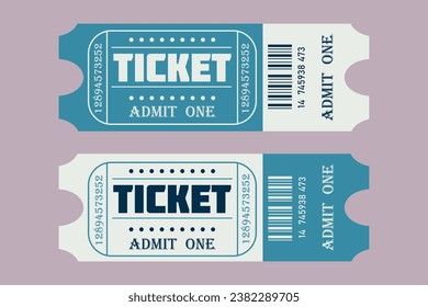 Zwei Retro Ticket-Vorlagen in Blau-Weiß-Farben auf violettem Hintergrund. Vektorgrafik