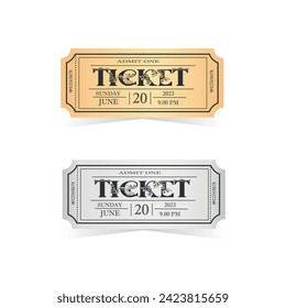 Two retro vintage tickets white background. Event pass