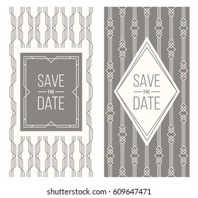 Two retro wedding invitation templates - abstract geometric patterned background and geometric frame. Monoline style. Vector illustration. Retro colors. Perfect for vintage wedding design.